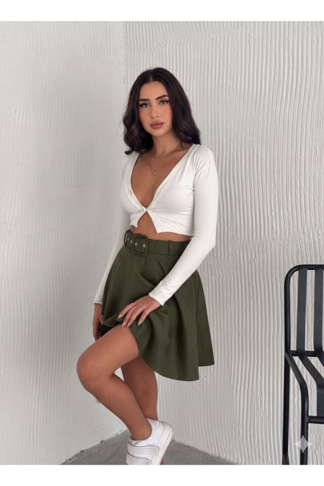 Kadın Haki Renk Midi Boy Kemerli Süet Kloş Etek