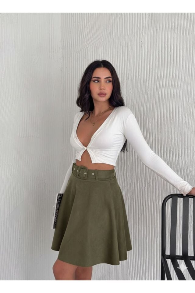 Kadın Haki Renk Midi Boy Kemerli Süet Kloş Etek