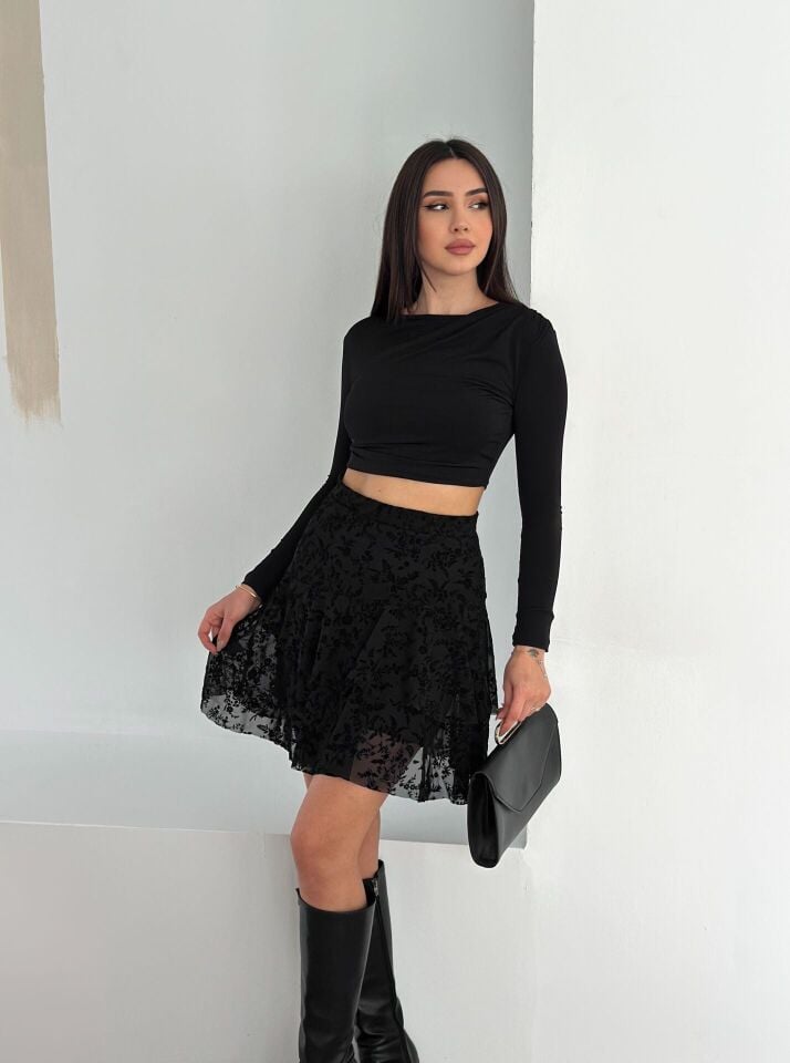 Flok Baskı Tüllü Astarlı Mini Etek